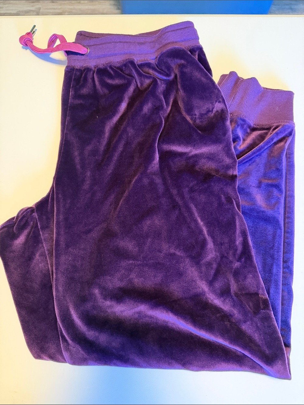 LuLaRoe Deep Purple Velour Joggers with Pink Drawcord